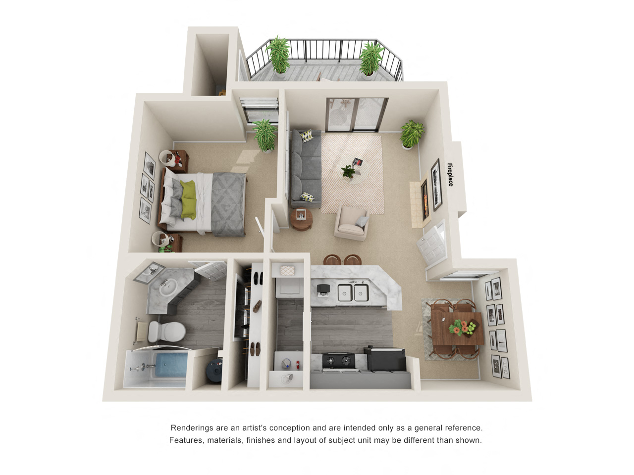 Floor plan for 1 bed, 1 bath, 625 sqft